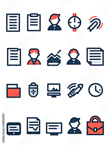 A Set of 18 Business-Related Line Icons with Red and Blue Accents.., generative ai image