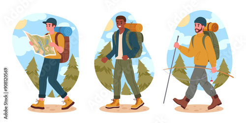 Men on hike. Hiking male tourists, trekking and backpacking characters outdoor adventure flat vector illustration set. Active guys hiking on wild nature trail