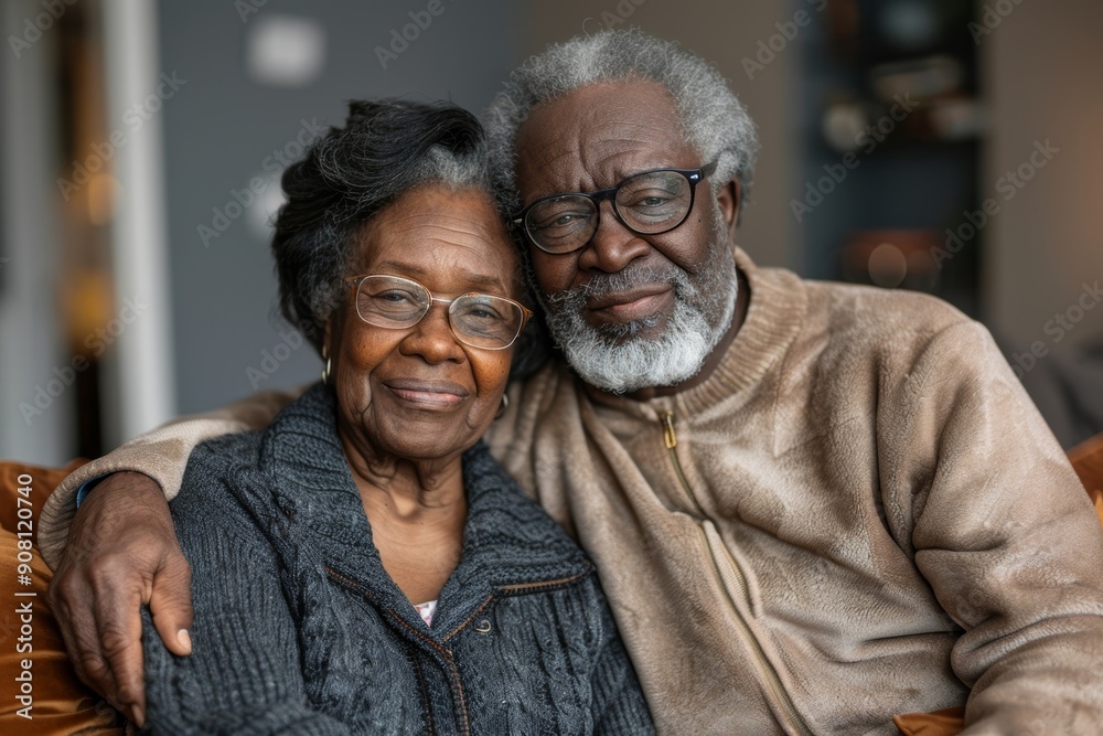 Older couple sharing a moment of affection on a sofa, Generative AI Older couple sharing a moment of affection on a sofa, Generative AI