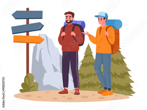 Men stand at route sign. Hiking active tourists with wooden signboards, male characters outdoor adventure, trekking and backpacking flat vector illustration. Guys hiking on trail