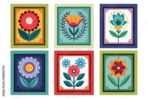 Six Framed Colorful Floral Illustrations