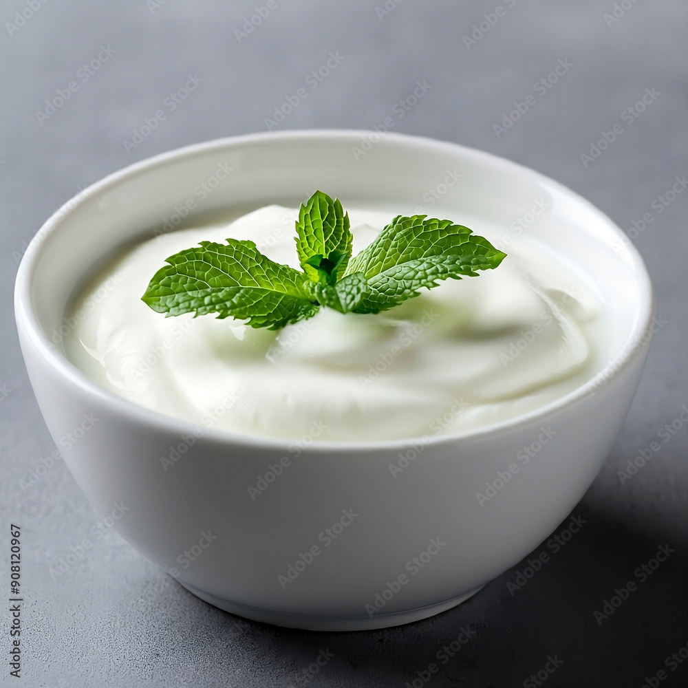 This image features a bowl of creamy white yogurt, garnished with a fresh sprig of mint, set against a grey background. This image features a bowl of creamy white yogurt, garnished with a fresh sprig of mint, set against a grey background.