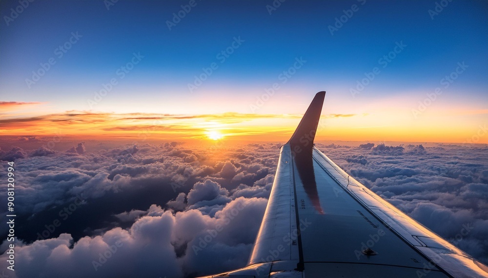 An airplane wing cutting through the clouds, with a breathtaking sunrise or sunset in the background An airplane wing cutting through the clouds, with a breathtaking sunrise or sunset in the background