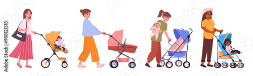 Mothers with baby strollers. Moms with baby pushchairs and carriages, young mothers walking with children in wheeling strollers flat vector illustration set. Parenting scenes collection