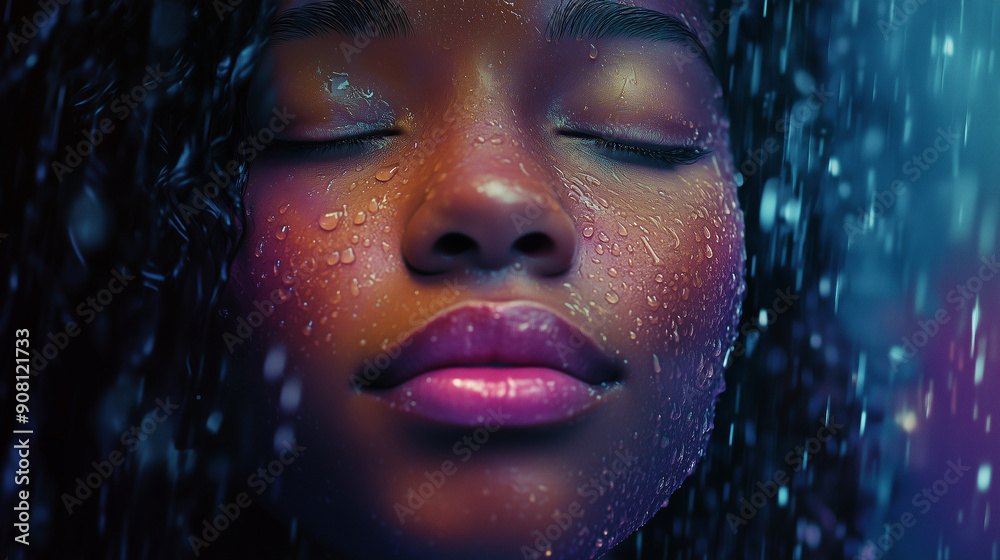 A close-up of a serene face with closed eyes and a gentle smile, illuminated by vibrant hues and rainwater droplets, revealing intricate textures and subtle emotional depth.