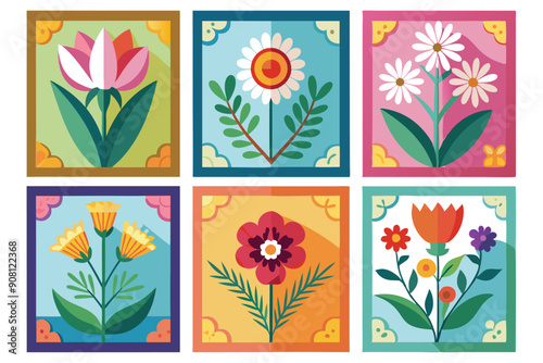 Colorful Floral Tiles in Frames with Geometric Patterns