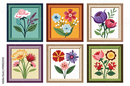 Six Framed Pictures of Different Flower Arrangements