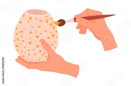 Potters hands paint pot. Potters hands create ceramic piece, earthenware oi potters hands flat vector illustration. Pottery workshop process