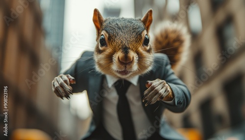 A comical squirrel dressed in a smart suit and tie is standing on a bustling city street