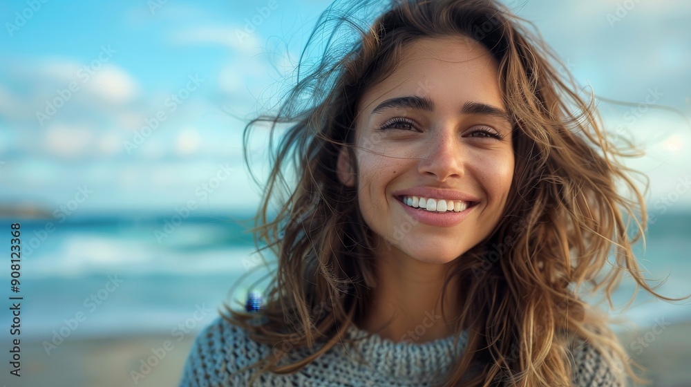Joyful smiling woman with wavy hair enjoying a windy seaside day in close-up portrait, Generative AI Joyful smiling woman with wavy hair enjoying a windy seaside day in close-up portrait, Generative AI