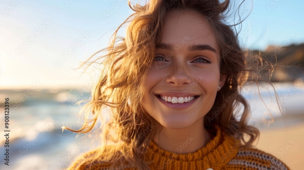 Joyful smiling woman with wavy hair enjoying a windy seaside day in close-up portrait, Generative AI Joyful smiling woman with wavy hair enjoying a windy seaside day in close-up portrait, Generative AI
