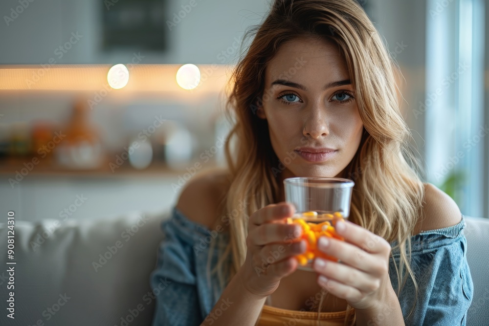Woman with a chronic health condition taking medication at home, Generative AI Woman with a chronic health condition taking medication at home, Generative AI