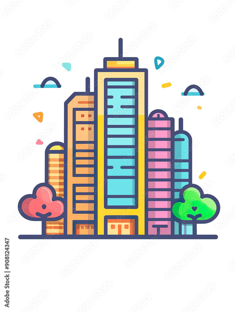 Fototapeta premium Colorful Cartoon Cityscape with Buildings and Trees.., generative ai image
