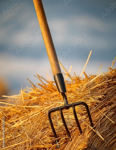 Pitchfork in hay bale in field