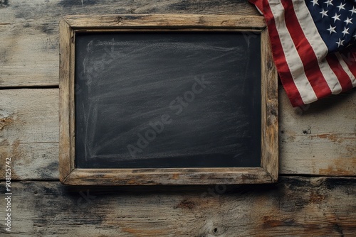 Wooden Framed Chalkboard with American Flag on Weathered Wood Background