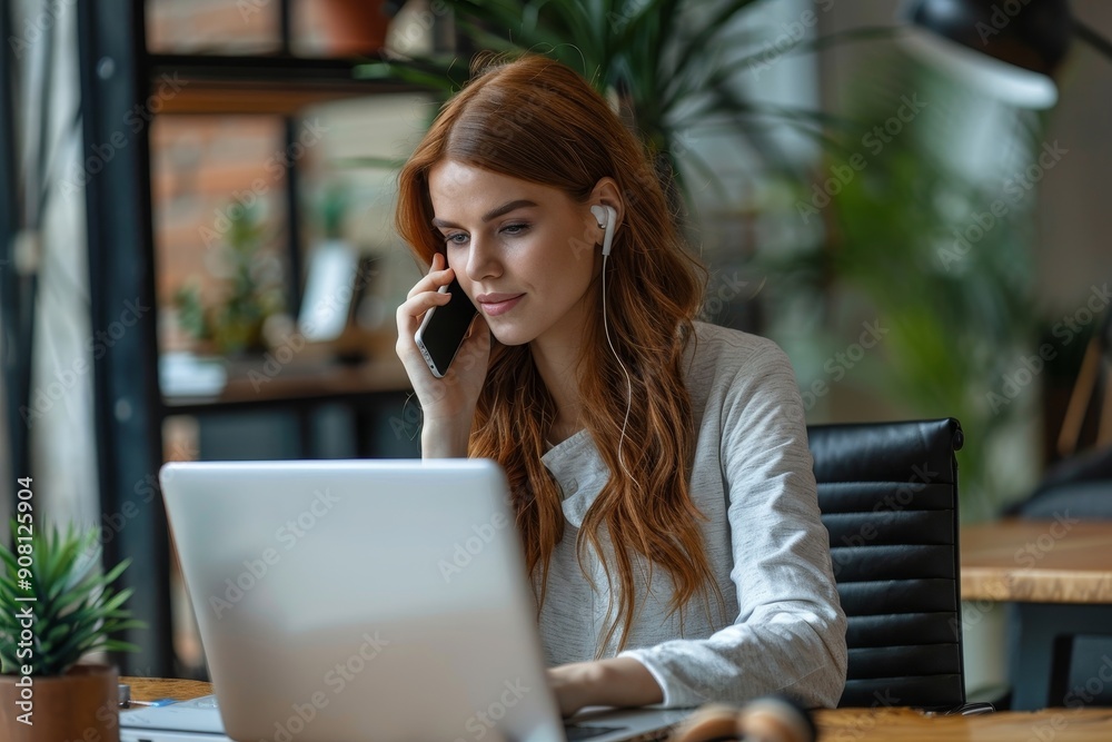 Businesswoman making a phone call while working on a laptop, Generative AI