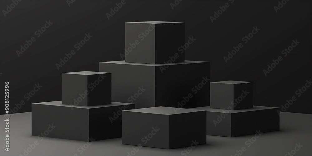 Black cubes of different sizes forming a pyramid on a dark background Black cubes of different sizes forming a pyramid on a dark background