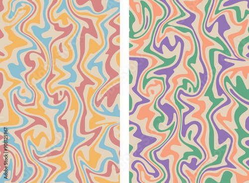 Set of two vector groovy backgrounds in retro psychedelic style. Trendy abstract pattern with 70s waves.	