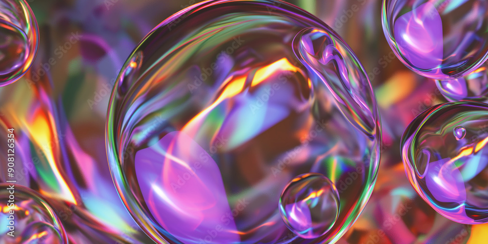 Abstract colorful background with iridescent bubbles floating and reflecting light Abstract colorful background with iridescent bubbles floating and reflecting light