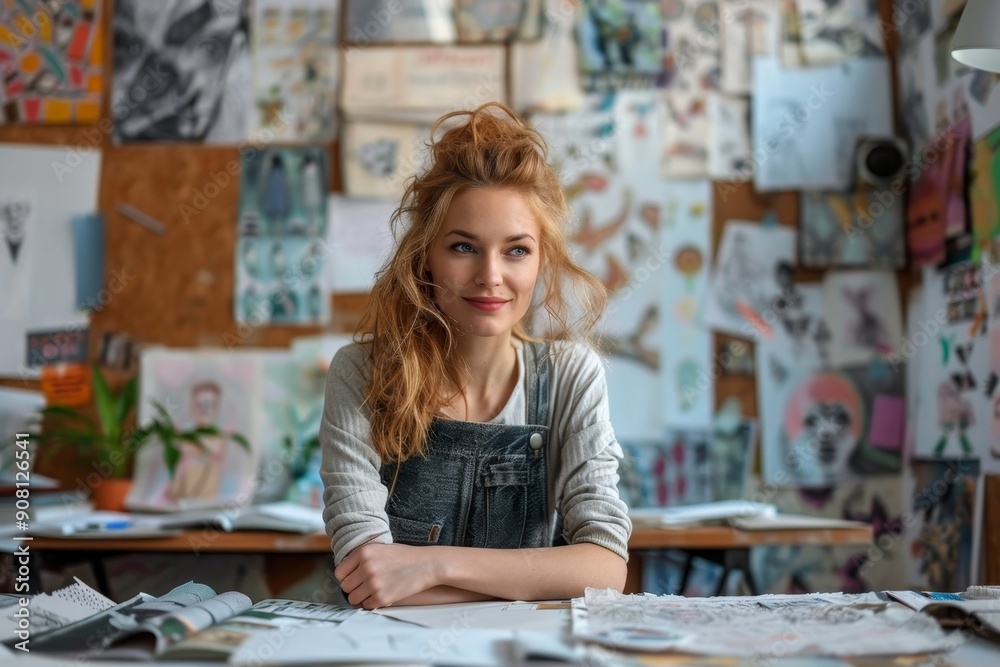 Successful female fashion designer working in a creative office, Generative AI Successful female fashion designer working in a creative office, Generative AI