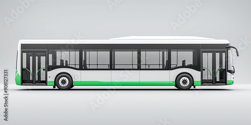 Modern city bus driving through the city street with open doors