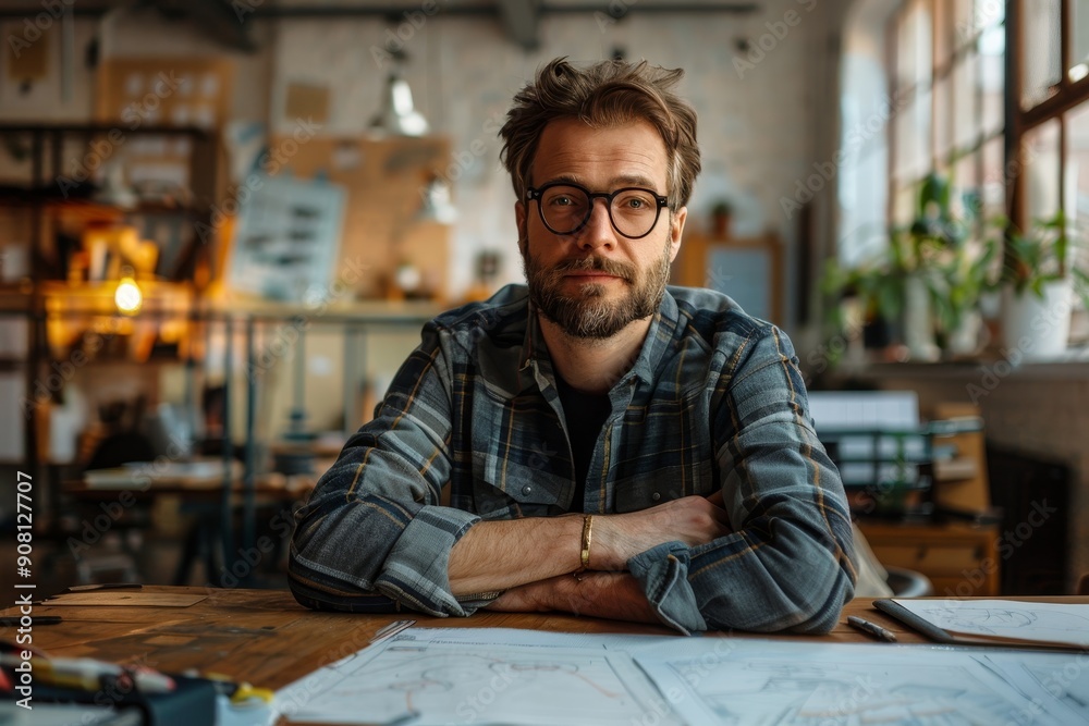Male designer sitting at a table in an office, Generative AI Male designer sitting at a table in an office, Generative AI