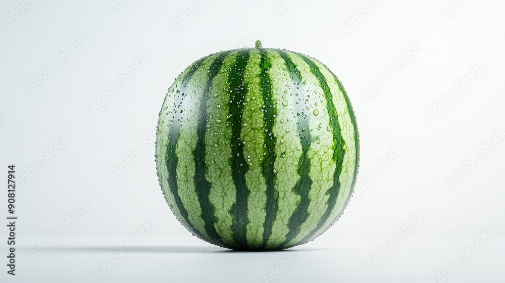 Whole watermelon covered in water droplets, isolated on white, highlighting its natural texture and color, perfect for summer visuals, copy space for text, high-resolution photo, realistic photo Whole watermelon covered in water droplets, isolated on white, highlighting its natural texture and color, perfect for summer visuals, copy space for text, high-resolution photo, realistic photo