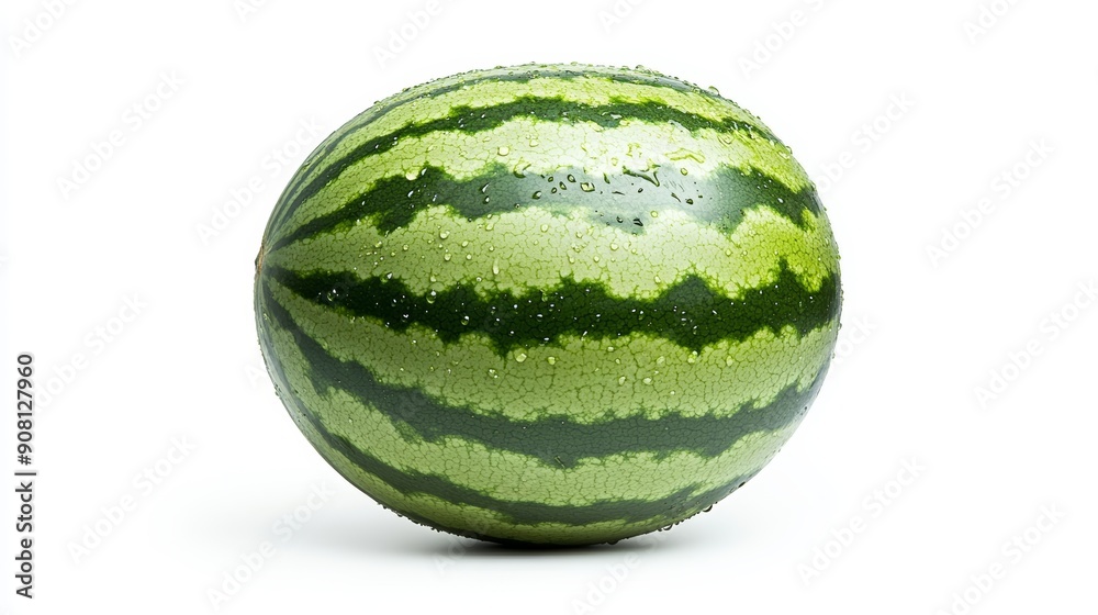 Whole watermelon covered in water droplets, isolated on white, highlighting its natural texture and color, perfect for summer visuals, copy space for text, high-resolution photo, realistic photo Whole watermelon covered in water droplets, isolated on white, highlighting its natural texture and color, perfect for summer visuals, copy space for text, high-resolution photo, realistic photo