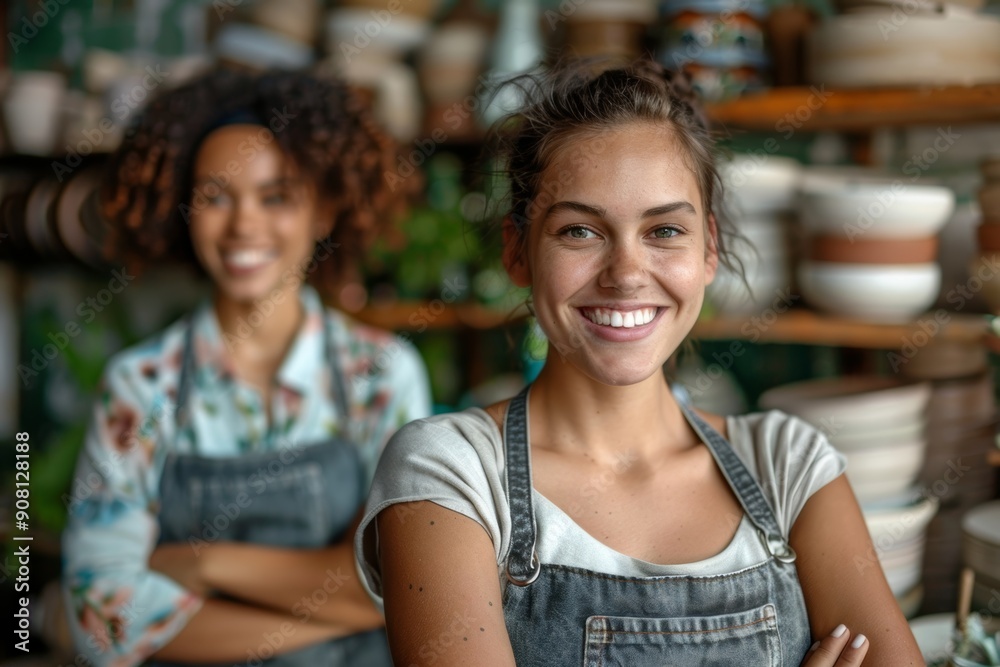 Cheerful female entrepreneurs smiling at the camera in their ceramic shop, Generative AI Cheerful female entrepreneurs smiling at the camera in their ceramic shop, Generative AI