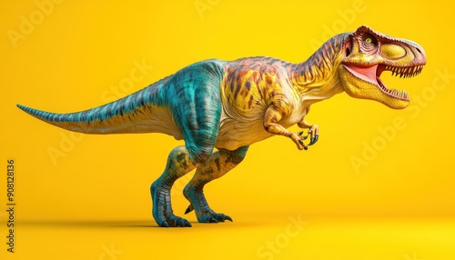 Fototapeta Naklejka Na Ścianę i Meble -  A vibrant and colorful toy dinosaur is happily walking on a bright yellow background