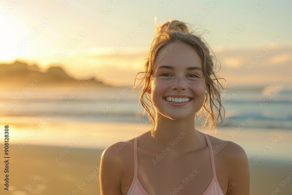 Fit and happy: Woman laughing while standing on the beach in fitness wear, Generative AI Fit and happy: Woman laughing while standing on the beach in fitness wear, Generative AI