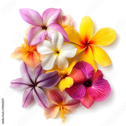 A composition of exotic tropical blooming flowers isolated on a white background, showcasing their vibrant colors and delicate details.