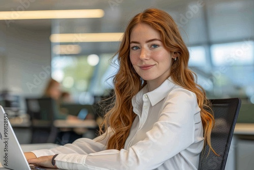 Free Download Female web developer sitting with a laptop in an office, Generative AI - GFXLoad