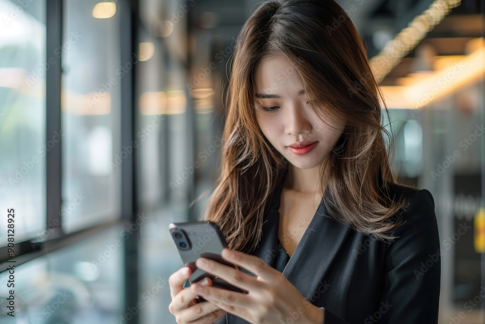 Fototapeta premium Asian business woman using a mobile phone in her workplace, Generative AI