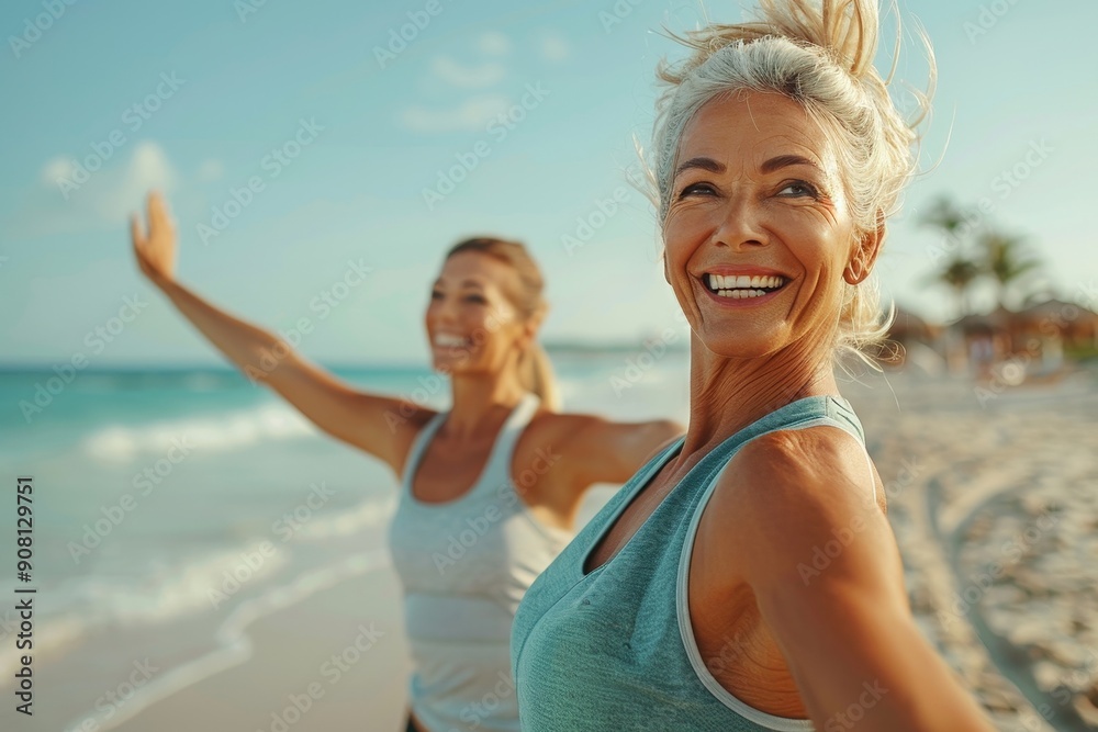 Two happy women doing warm-up exercises on the beach, Generative AI Two happy women doing warm-up exercises on the beach, Generative AI