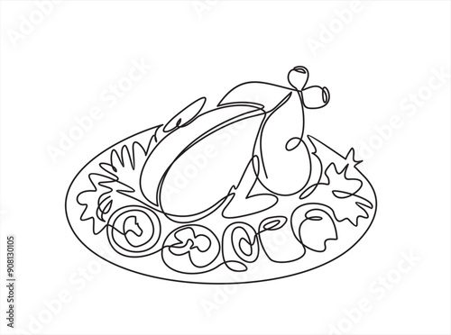 Meat with vegetables dish. Chicken or turkey and vegetable salad. One continuous line drawing. Food in a restaurant. One Line Art isolated white background.	