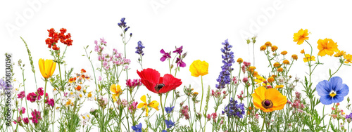 A field of flowers with a variety of colors including yellow, red, and purple. The flowers are scattered throughout the image, creating a vibrant and lively scene