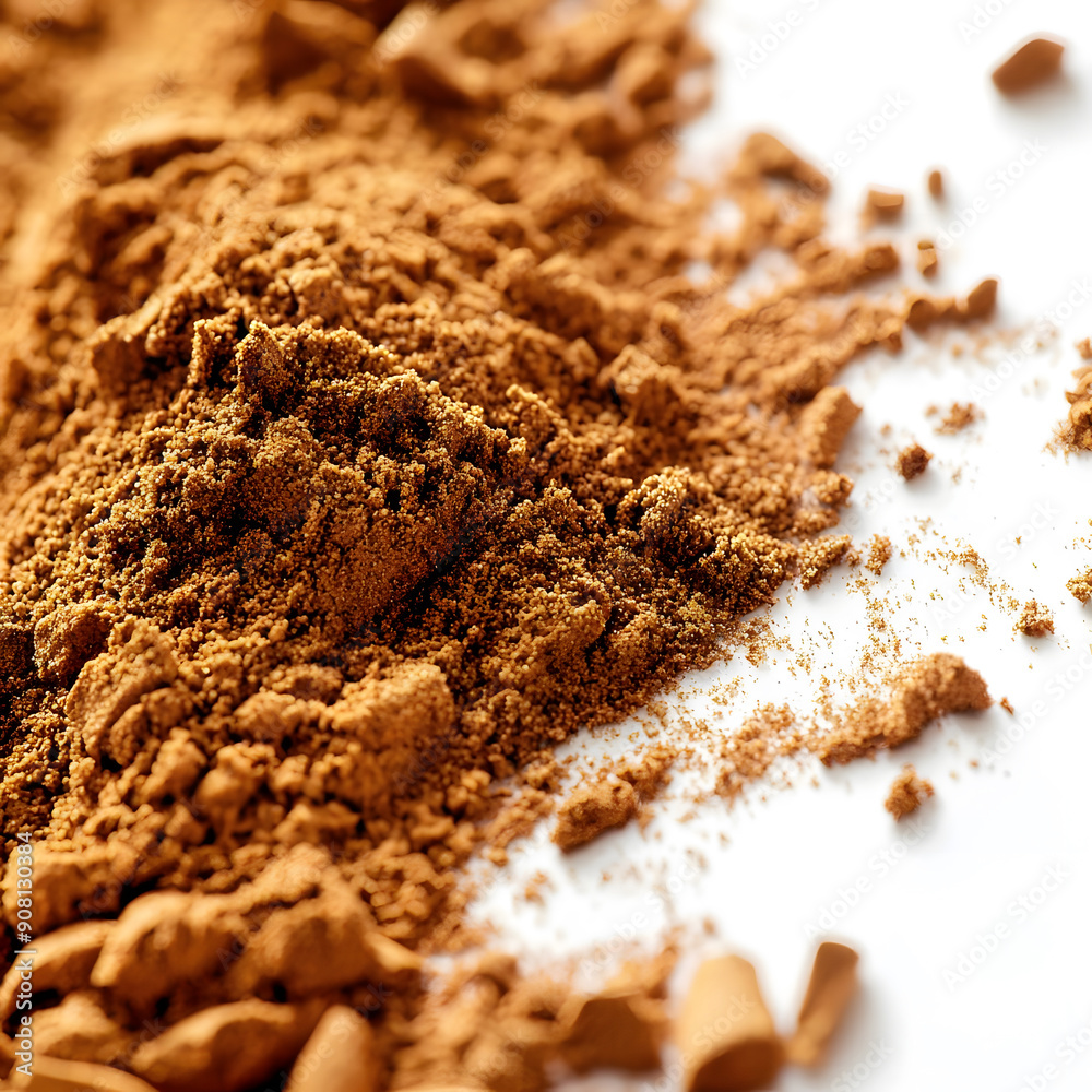 Macro shot of cinnamon powder scattered on white, highlighting the texture and warm tones of the spice.