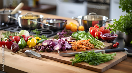 Bustling Home Kitchen: A Symphony of Fresh Food, Cookware and Culinary Passion