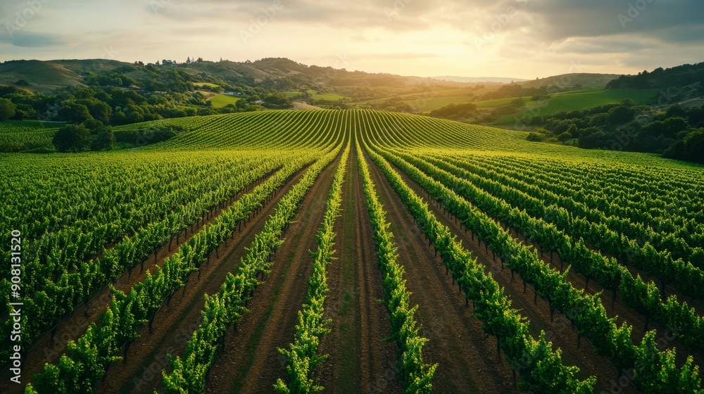 Fototapeta premium Aerial View of Lush Green Vineyard on Rolling Hills - Serene Wine Country Landscape Perfect for Text Overlay