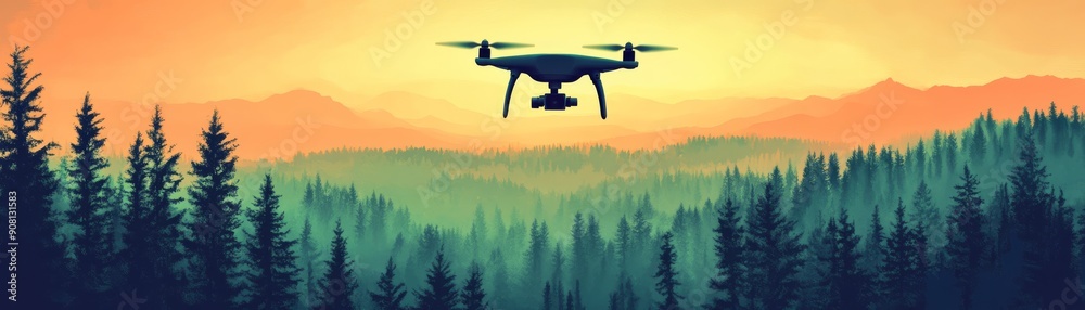 Aerial View of Drone Flying Over Lush Forest Landscape with Colorful Skyline Banner - Conceptual Illustration for Technology and Nature Themes Aerial View of Drone Flying Over Lush Forest Landscape with Colorful Skyline Banner - Conceptual Illustration for Technology and Nature Themes