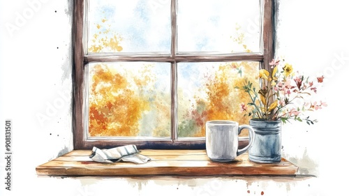 A cozy window seat clipart, coffee mug and view, watercolor style, serene vibes, isolated on white background