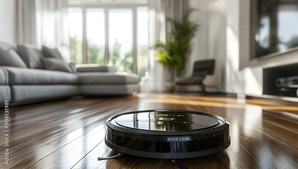 Smart Robot Vacuum Cleaner Cleaning the Wooden Floor Smart Robot Vacuum Cleaner Cleaning the Wooden Floor