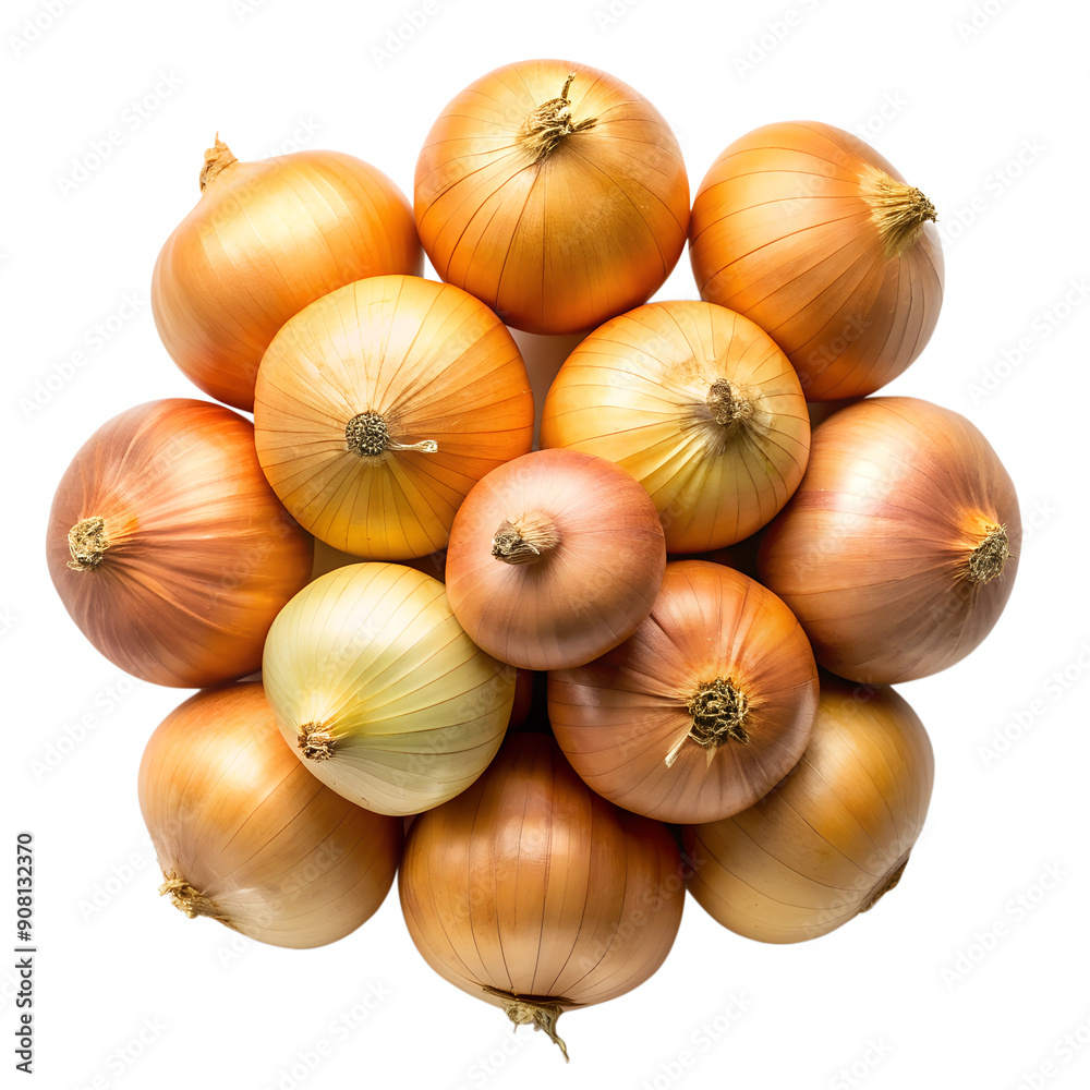 Overhead shot of a cluster of fresh, golden-brown onions against a clean white background. The onions are arranged in a circular pattern with visible layers and intricate root structures. Overhead shot of a cluster of fresh, golden-brown onions against a clean white background. The onions are arranged in a circular pattern with visible layers and intricate root structures.