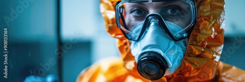 Disinfection technician in hazmat suit N95 mask and protective goggles wearing personal protective equipment PPE Decontamination of quarantined area with protective clothing COVID 19 coronav photo