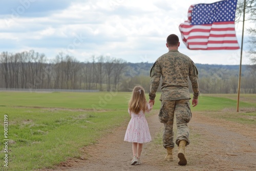 Soldier and Daughter Walking Away from American Flag