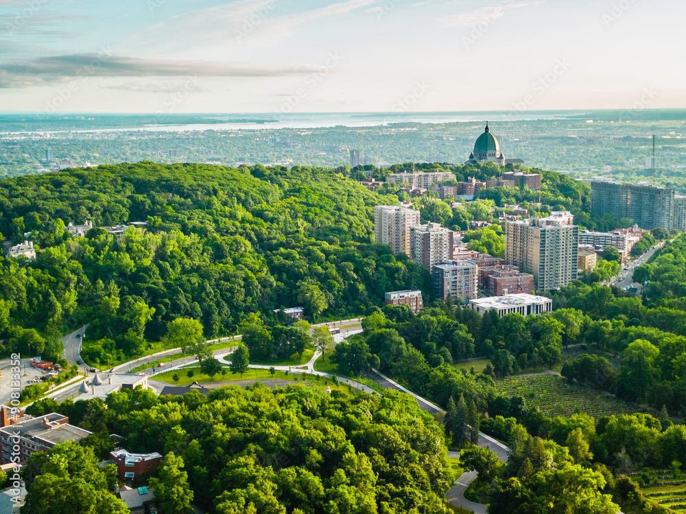 Fototapeta premium Montreal, Canada - July 14 2024: Panorama drone view from Mont Royal in Montreal