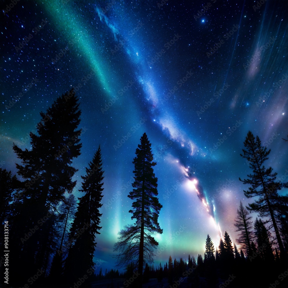 Dazzling Northern Lights and Milky Way Over Tall Pines in Starry Night Dazzling Northern Lights and Milky Way Over Tall Pines in Starry Night