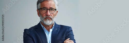 Mature gray haired businessman in smart attire looking skeptical and apprehensive displaying disapproval with folded arms Negative demeanor photo