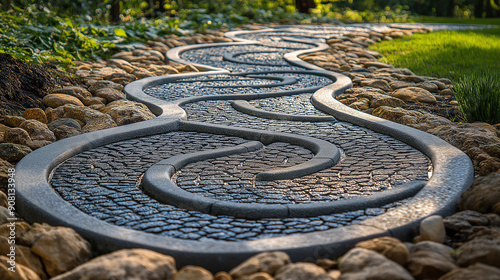 A telephoto angle photo of permeable paving slabs designed to allow water to pass through, arranged to form an eco-friendly and functional pathway, with copy space